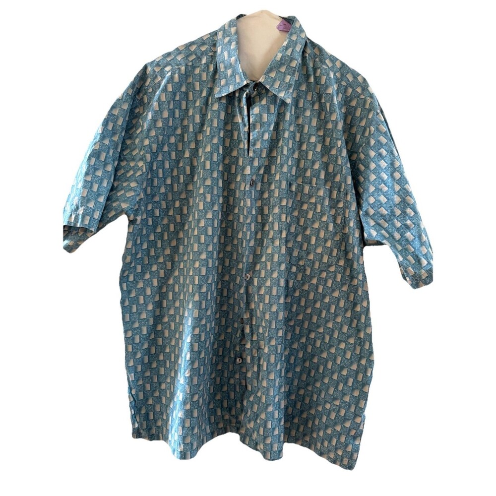 Tori Richard Button-Up Shirt Mens Large  Blue Geo Print Short Sleeve Made in USA